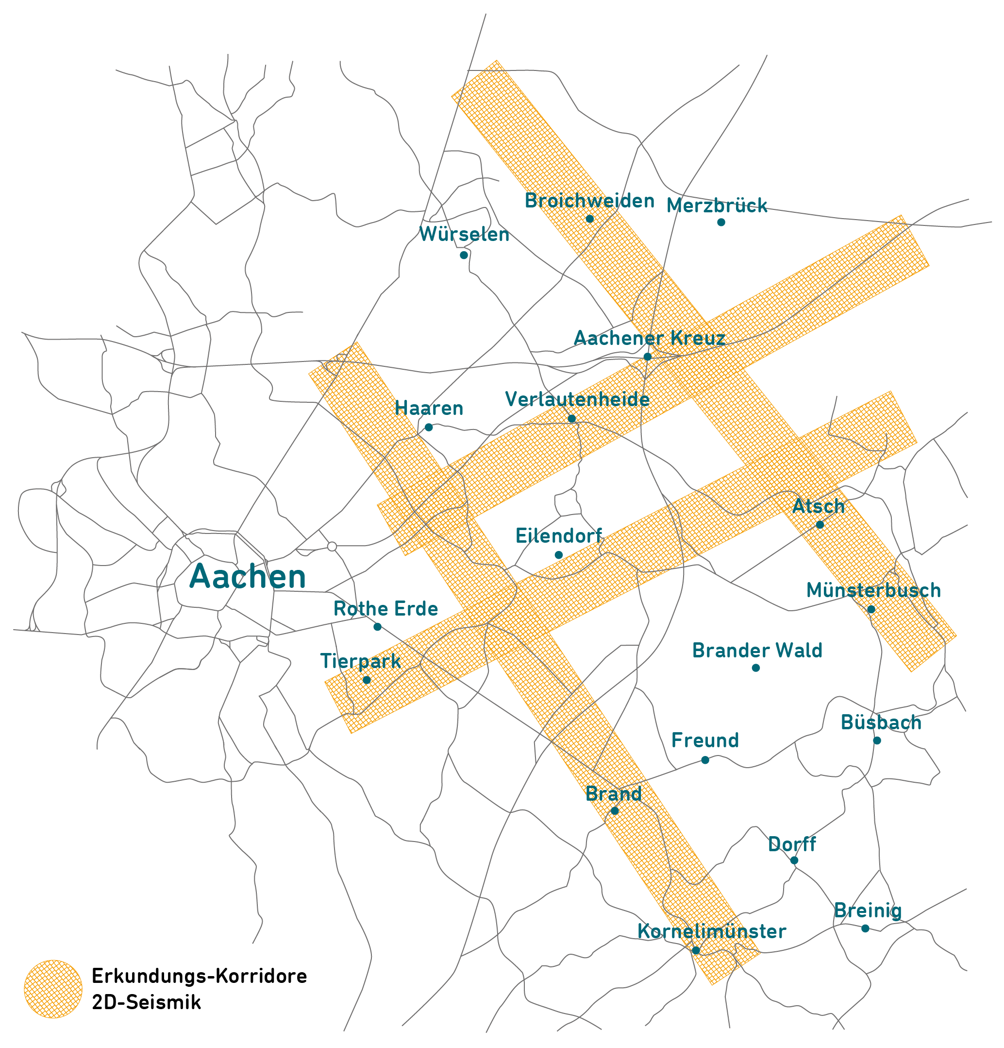 Grafik, auf der die Erkundungskorridore der 2D-Seismik auf einer geografischen Karte eingezeichnet sind